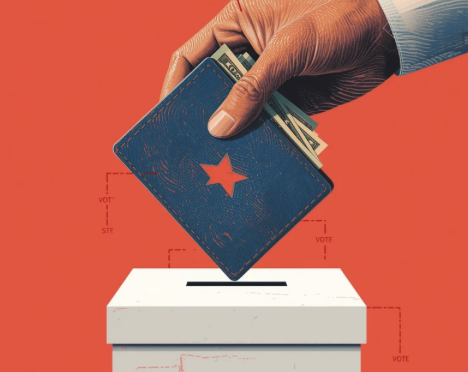 A wallet illustrating the Your Dollar Your Vote initiative.